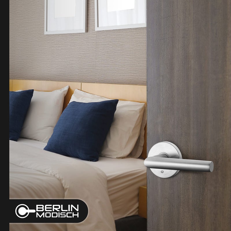 Berlin Modisch Privacy Lever Door Handle Sleek Round Easy to Open Locking Lever Set [for Bedroom or Bathroom] Reversible for Right & Left Sided Doors Heavy Duty - Satin Nickel Finish - Image 1